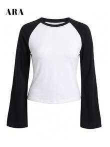 ARA Women Fall Flare Long Sleeve Raglan Crop Top,Color Block Crew Neck Slim Fit Y2K Baseball Tee,Contrast Bell Sleeve Cropped T‑Shirt For Daily Street - Black and White - View 9
