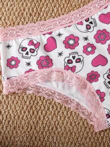 3pcs/Pack Sweet & Cool Skull Heart Floral Print Women's Triangle Panties, Pink Lace Waistband & Leg Openings, Unique Subculture Style, Soft & Smooth Fitted Girls Triangle Panties - Multicolor - View 4
