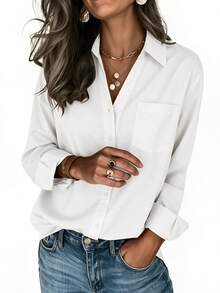 Women's Solid White Shirt, Collared Long Sleeve Button Front Pocket Blouse For Business, Office, Commute, Home, Holiday, Spring Fall Winter - White - View 6