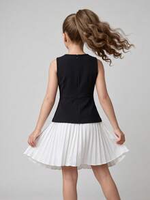 Girls' All-Season Elastic Knit Patchwork 2 In 1 Colorblock Pleated Dress, Elegant Dress For Back To School And Casual Wear - Black and White - View 4