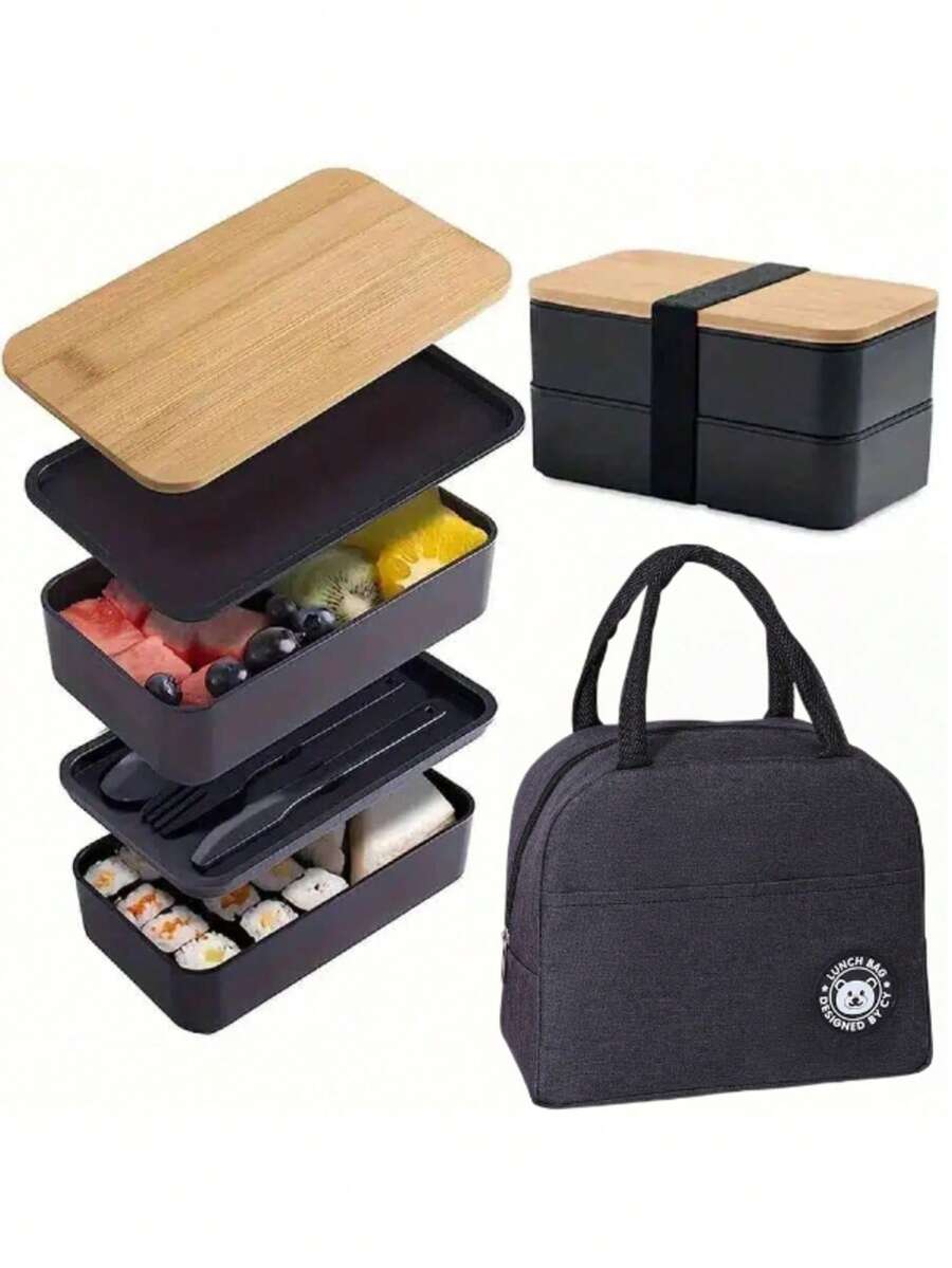 1套保溫袋便當盒組，含可堆疊餐盒、便攜食物容器、零食盒、附餐具（湯匙、叉子）便當盒，適合學生與上班族