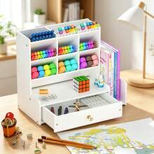 1pc Desktop DIY Pen Holder Storage Box, Multi-Functional Office Supplies Stationery Box, Large Capacity Student Wood-Plastic Pen Rack Organizer - White - View 14