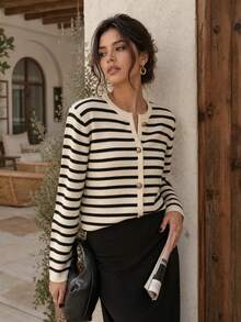 Women's Autumn Elegant Striped Round Neck Knit Cardigan, Versatile Fashion Casual Sweater, Commuter Vintage Jacket - Black and White - View 4