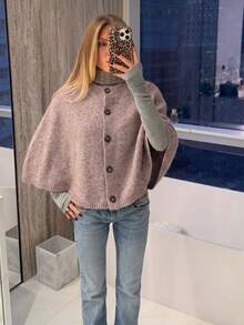 Spring/Autumn Minimalist Commuter Style Cape-Style Knit Cover Up, Round Neck Single-Breasted Ribbed Hem Short Jacket, Daily Commute Casual Streetwear Vacation Layering Versatile Soft Style Women's Open Front Outerwear - Khaki - View 2