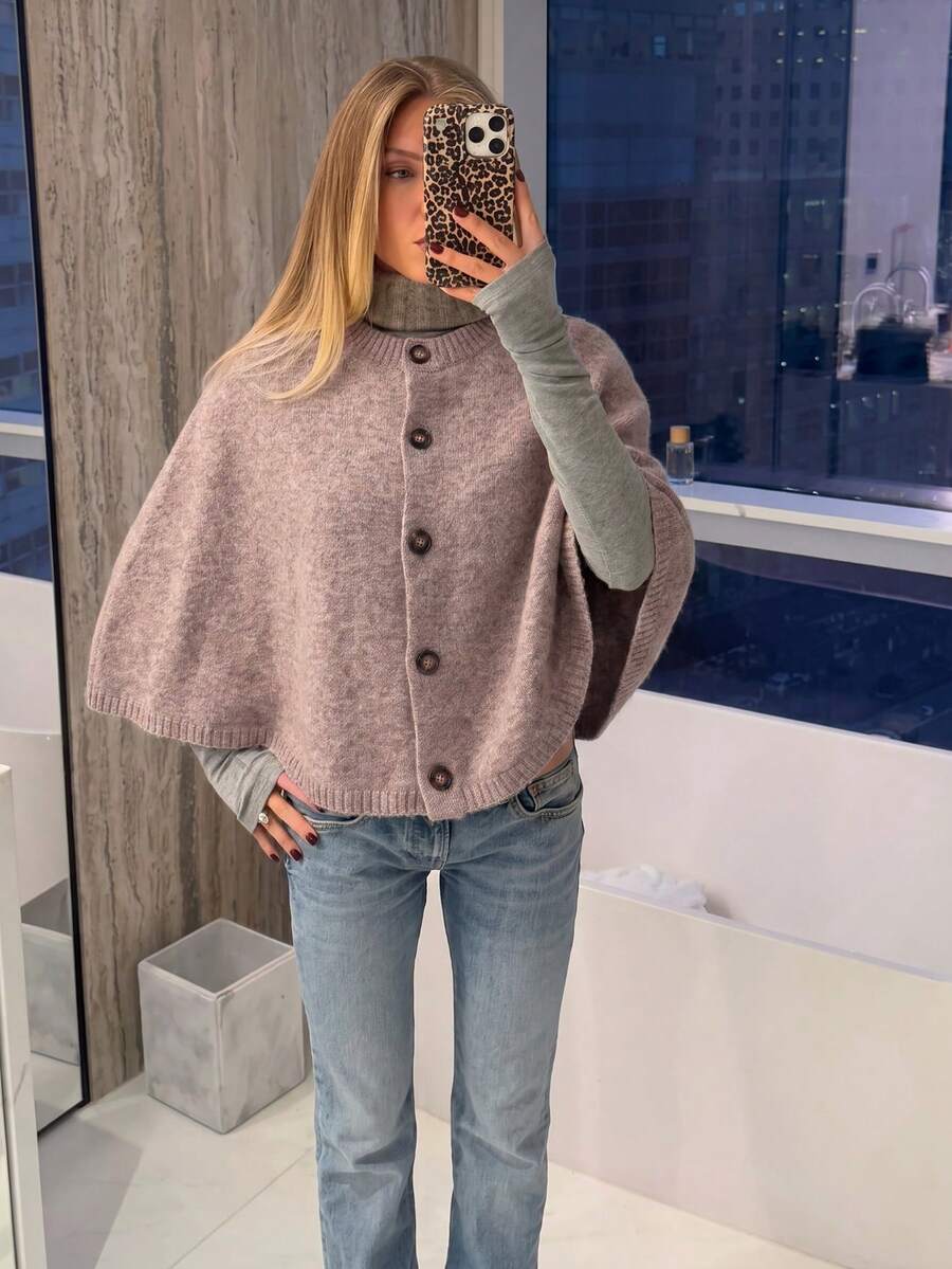 Spring/Autumn Minimalist Commuter Style Cape-Style Knit Cover Up, Round Neck Single-Breasted Ribbed Hem Short Jacket, Daily Commute Casual Streetwear Vacation Layering Versatile Soft Style Women's Open Front Outerwear