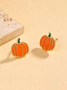1 Pair Cute Pumpkin Shaped Stud Earrings, Halloween Enamel Exquisite Earrings, Autumn Thanksgiving Party Women Accessories (Without Card) - Style 3 - View 3
