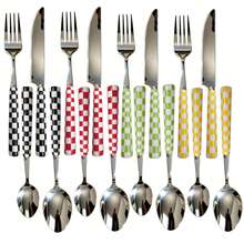 4/24pcs Unique Checkered Pattern Stainless Steel Tableware Set, Beautiful And Elegant Porcelain, Multiple Colors, Including Ceramic Handle Silverware, Creative Kitchen, Including Forks, Table Knife, Spoons, Dessert Spoon, Suitable For Daily Dining - Multicolor - View 6