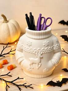 White Sweater Reindeer Desktop Storage Bucket, Christmas‑Style Embossed Makeup Brush Organizer Jar, Vanity Beauty Tool Holder, Holds Scissors Combs Small Trinkets, Vibe Storage Decor For Bedroom Bathroom - Multicolor - View 4
