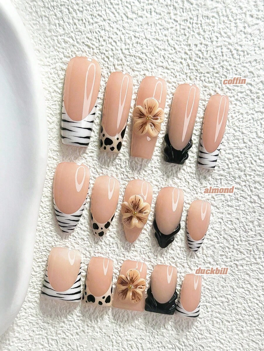 10件組極簡手工穿戴式美甲貼片,Polygel美甲藝術套組,手工花卉圖案、豹紋、黑白色,時尚風格,附美甲工具,3種尺寸可選,杏仁形、鴨嘴形、棺材形,適合派對、跳舞、日常配戴 - 彩色 - 查看 1