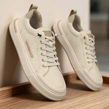 Men's Low‑Top Lace‑Up Thick Sole Skate Sneakers, Casual Shoes With Grid Pattern And Stitching Details, Suitable For Daily Commute, Street Styling, Weekend Outings, All‑Season Wear - Apricot - View 8