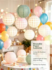 6pcs Colorful Plaid Round Paper Lanterns, Suitable For Bachelorette Party, Birthday Party, Outdoor Activities, Camping, Wedding, Home Decor - Multicolor - View 7