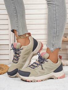 Women's Fashion Hiking Boots, Contrast Color Diamond Grid Pattern, Sports Outdoor, All Season, Lace-Up - Apricot - View 2