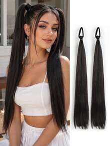 A Pair Of 18-Inch Long Straight Ponytail Wigs, With Elastic Hair Ties, Available In Multiple Colors, Suitable For Everyday Wear And Various Occasions. - Multicolor - View 8