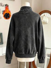 Women's Autumn/Winter Washed Zip-Up Casual Loose Long Sleeve Sweatshirt - Black - View 2