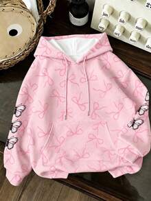 Plus size dam sweatshirt med sött fjärilsmönster i ljusrosa, Y2K-stil, lös passform, bekväm höst- och skolstartströja - Rosa - Visa 2