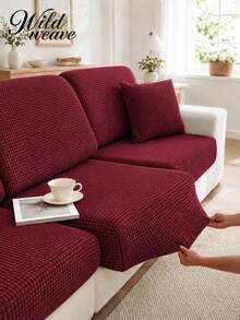 1pc Solid Color Thickened Corn Fleece Sofa Seat Cushion Cover, Non-Slip Elastic, Suitable For All Seasons Home Decor Sofa Slipcover - Burgundy - View 2