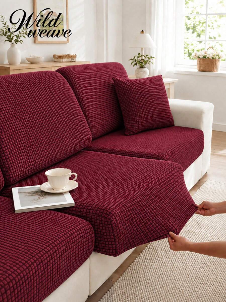 1pc Solid Color Thickened Corn Fleece Sofa Seat Cushion Cover, Non-Slip Elastic, Suitable For All Seasons Home Decor Sofa Slipcover