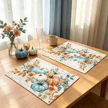 1/4/6pcs Autumn Series Blue & Orange Floral Pumpkin Pattern Printed Placemats, Heat-Resistant Table Mat For Home Kitchen, Table Protection, Kitchen Dining Table, Party Scene Decoration - Multicolor - View 4