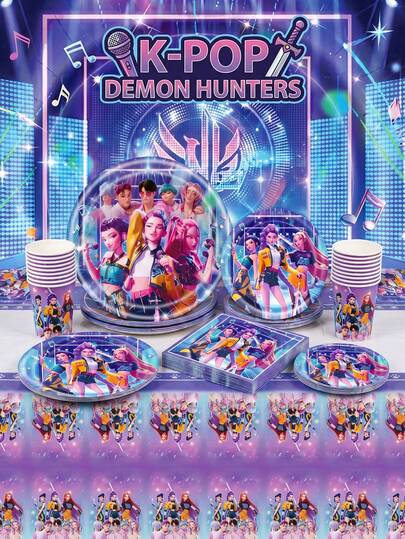 KPop Demon Hunters 50pcs Anime Style Theme Party Set (Excluding Cutlery And Balloons), Suitable For 10/20 People, Birthday Party Paper Plates, Including Plates, Cups And Napkins. Holiday Decoration Supplies, Suitable For Camping, Picnic, Backyard BBQ, Room Decoration And Party Decoration, Also Ideal Decoration For Halloween, Christmas And Party, And A Great Surprise Gift For Fans Style A