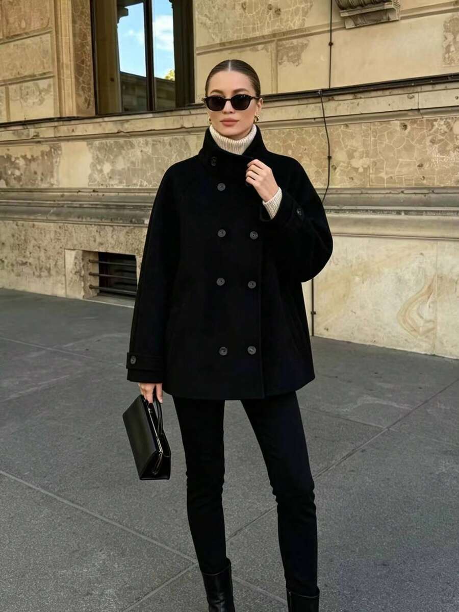 Mellowy Autumn/Winter New Women's European & American Style Fashion Minimalist Double-Breasted Coat Black - Black - View 1