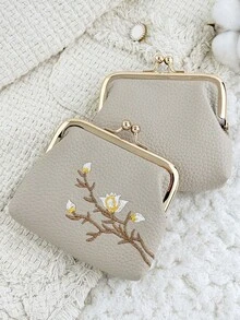時尚花卉刺繡外觀,多功能且緊湊設計,附夾式開關,便攜式零錢包與卡包 - 灰色 - 查看 5