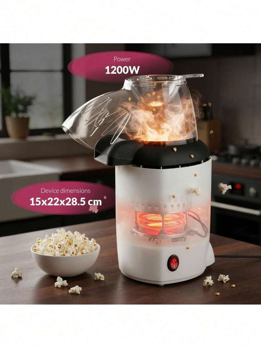 CAMRY Popcorn Maker, Popcorn Machine, Popcorn Popper, Hot Air Popcorn Popper - 1200W, Oil-Free, Transparent Lid With Measuring Cup, Anti-Slip Feet, Overheat Protection, White - EU E Type Plug(220-240V) - View 1
