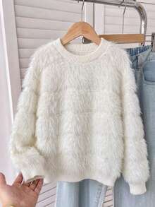 Girls Elegant Solid Color Faux Mink Fur Round Neck Sweater Long Sleeve Knit Pullover Suitable For Daily Casual Spring Autumn Winter - White - View 2