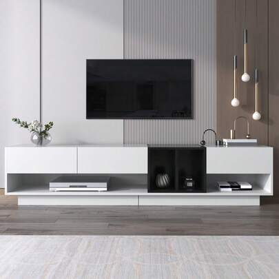 TV Cabinet, Lowboard, Combination In High-Gloss White And Black. Color-Blocking Design, Drawers, Compartments, Multiple Storage Spaces.