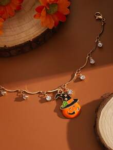 1pc Halloween Pumpkin Witch Hat Dangle Rhinestone Bracelet Adjustable Gold Wavy Chain Party Jewelry - Gold - View 3