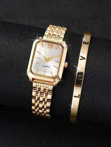 Women's Vintage Square Dial Quartz Watch & Rhinestone Bracelet 2pcs Set, Elegant Metal Band Wristwatch Jewelry Set, Multiple Colors Available - Gold - View 12