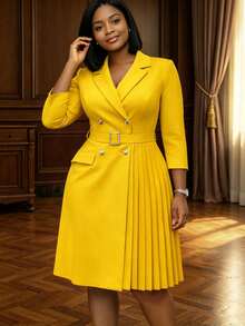 Women's Elegant Dress, Waist-Cinched Patchwork Solid Color Waist Decoration, Comfortable And Convenient, Optimizes Body Proportions; Casual Fashion, Fabric Material, Suitable For Spring/Summer And Autumn/Spring, Can Be Worn For Daily Casual, Vacation Commute, Workplace Office, Also Suitable For Dating, Party Dress, Tea Party, Wedding, Banquet, Outing Dress, Cream Yellow Dress, Formal Dress - Yellow - View 3