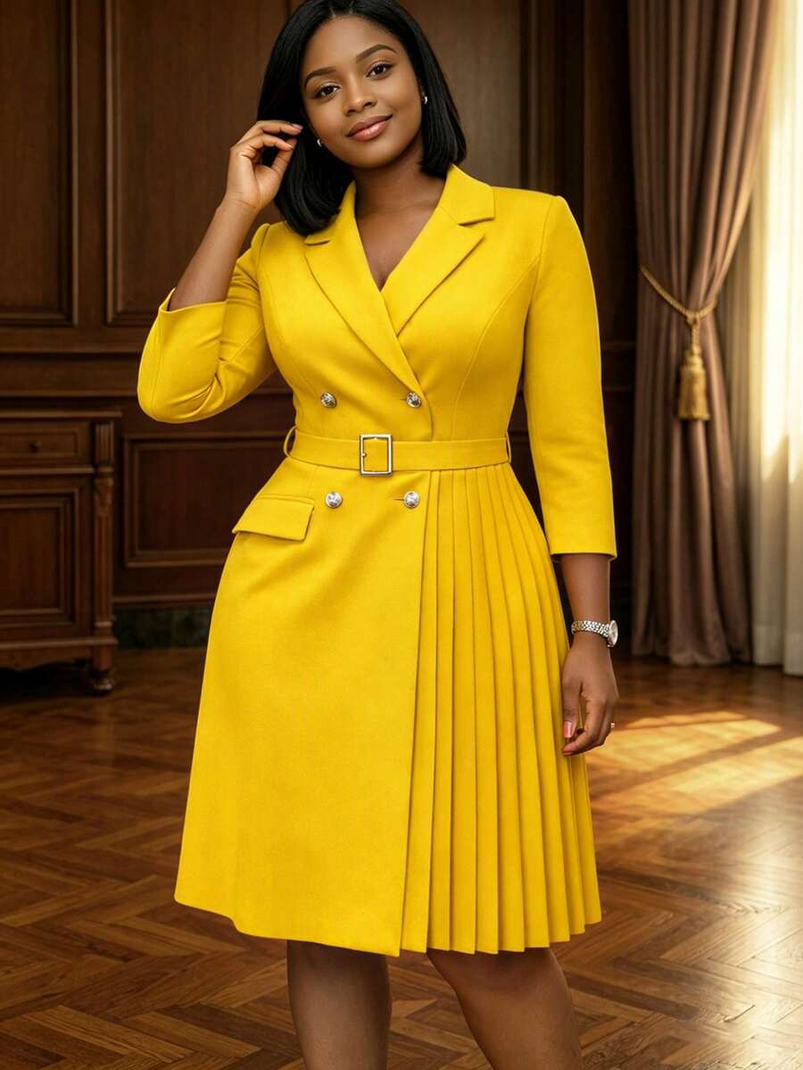Women's Elegant Dress, Waist-Cinched Patchwork Solid Color Waist Decoration, Comfortable And Convenient, Optimizes Body Proportions; Casual Fashion, Fabric Material, Suitable For Spring/Summer And Autumn/Spring, Can Be Worn For Daily Casual, Vacation Commute, Workplace Office, Also Suitable For Dating, Party Dress, Tea Party, Wedding, Banquet, Outing Dress, Cream Yellow Dress, Formal Dress - Yellow - View 1