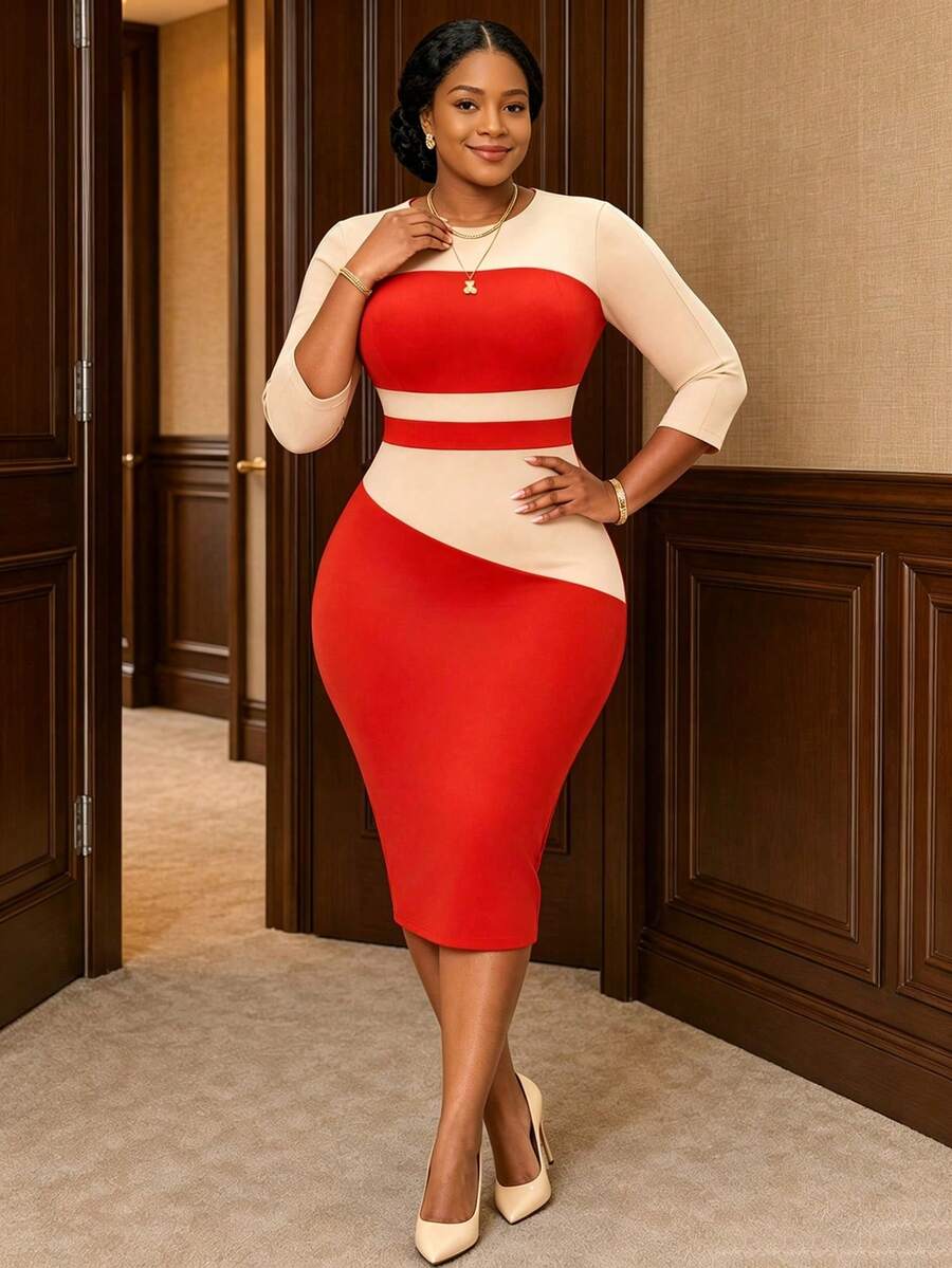 Elegant Asymmetric Splice Sleeve Waist Cinched Bodycon Midi Dress, Comfortable Workwear, Colorblock, Versatile For Daily, Office, Party, Wedding, - Red - View 1