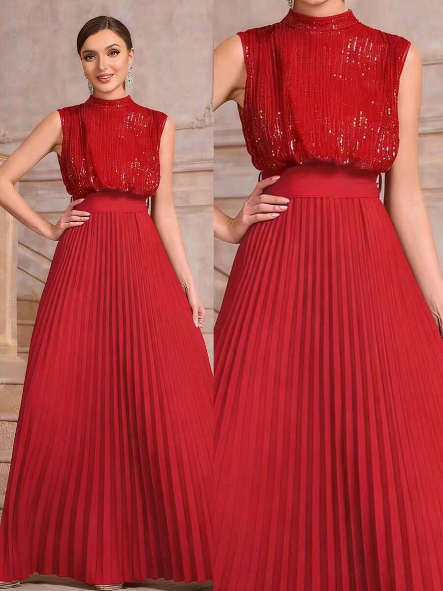 Elegant Sequin Patchwork Pleated Sleeveless Evening Dress - Red - View 1