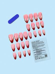 24PCS Medium Almond Handmade Press On Nails Nude Base Red Metallic Tips 3D Gold Liquid Metal Outline Glossy Luxury False Nails Nail Kit With Jelly Tabs - Red - View 2