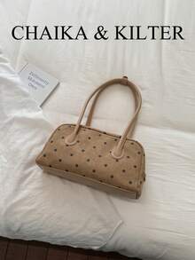 CHAIKA & KILTER 1件女款拼色麂皮布料單肩包，復古時尚啞光保齡球包，滿版波點圖案，拼色絎縫縫線，雙手柄設計，拉鍊開合，適合日常與街頭穿搭（附吊飾） - 卡其色 - 查看 9