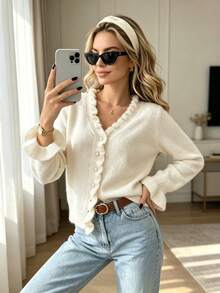 Women's Solid V-Neck Ruffle Trim Button Fall/Winter Casual Chic Elegant Versatile Long Sleeve Knit Cardigan – Daily Street Soft Vibe Wear - White - View 5
