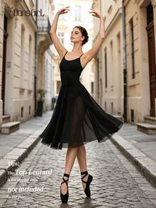 DonsGirl 1pc Women's Elegant Chiffon Ballet Midi Dress, Multi-Functional Dance Outfit For Daily Training And Stage Performance Sports Black Fall - Black - View 2