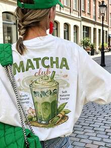 Women's Summer Matcha Club Beverage Back Print Loose T-Shirt, Casual Short Sleeve Crew Neck Top, Vintage Cafe Aesthetic Comfortable Loose Fit White - White - View 1