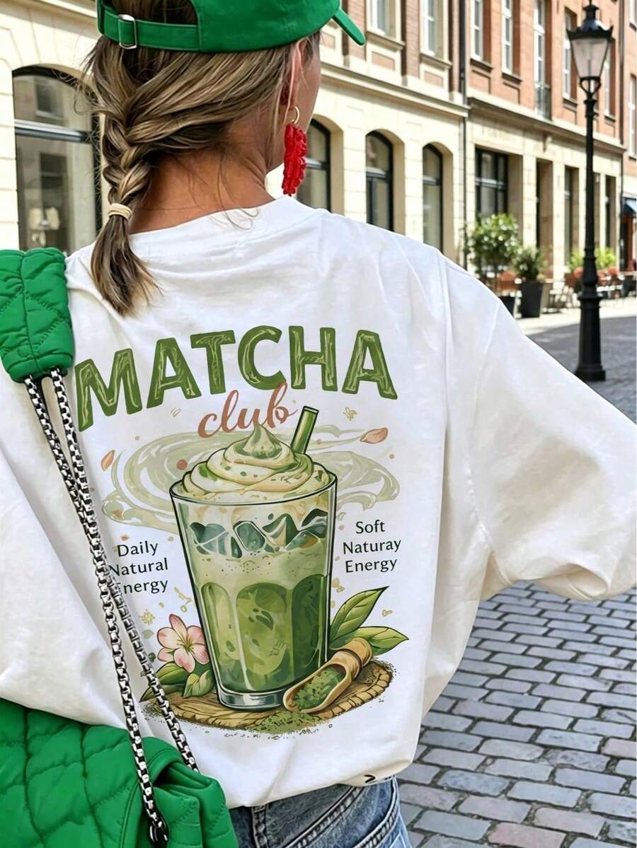 Women's Summer Matcha Club Beverage Back Print Loose T-Shirt, Casual Short Sleeve Crew Neck Top, Vintage Cafe Aesthetic Comfortable Loose Fit White - White - View 1