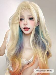 alicegarden 28-Inch Long Synthetic Wig Featuring A Natural Wavy Style In A A Stunning Multicolor. Designed With Bangs , This False Hairpiece Is Perfect For Ms Halloween Cosplay Daily Use, Offering A Natural And Natural Durable Wig Gift For Ladies. - Multicolor - View 2