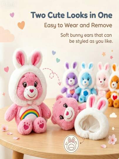 Care Bears 15cm Rabbit Hat Plush Keychain, Cute Bear Doll Backpack Charm, Rainbow Pattern Plush Doll, Birthday Christmas Gift, Children's Room Decor