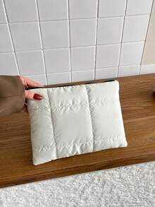 女款手提包零錢包 秋冬新款時尚多功能絎縫刺繡格紋加厚化妝包 休閒手提保暖羽絨小包 - 白色 - 查看 8