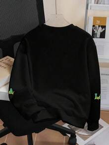 Teen Boys Digital "23" & Duck Print Crew Neck Loose Pullover Sweater, Y2K Cool College Style Top - Black - View 3