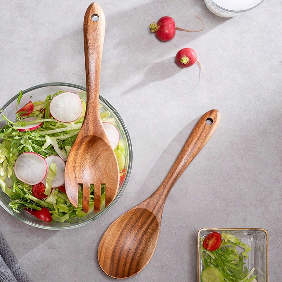 2pcs/Set Wooden Spoon, Minimalist Salad Spoon For Kitchen,Kitchen,Christmas Gift Back To School - Brown - View 1