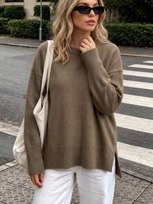 GIGOGOU Autumn/Winter Women's Loose Drop Shoulder Knit Sweater With Ribbed Trim, Minimalist Casual Pullover, Premium Comfortable - Coffee Brown - View 3