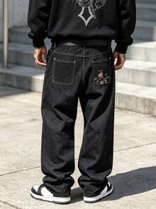 Men's New Embroidered Loose Straight Leg Jeans, Hip Hop Style Denim Pants, Suitable For Men And Boys - Black - View 3