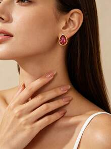 3pcs Minimalist Fashion Elegant Style Water Drop Glass Design Stainless Steel Women Jewelry Set Suitable For Women Daily Wear/Party/Evening/Wedding/Holiday Gift - Golden Yellow - View 5