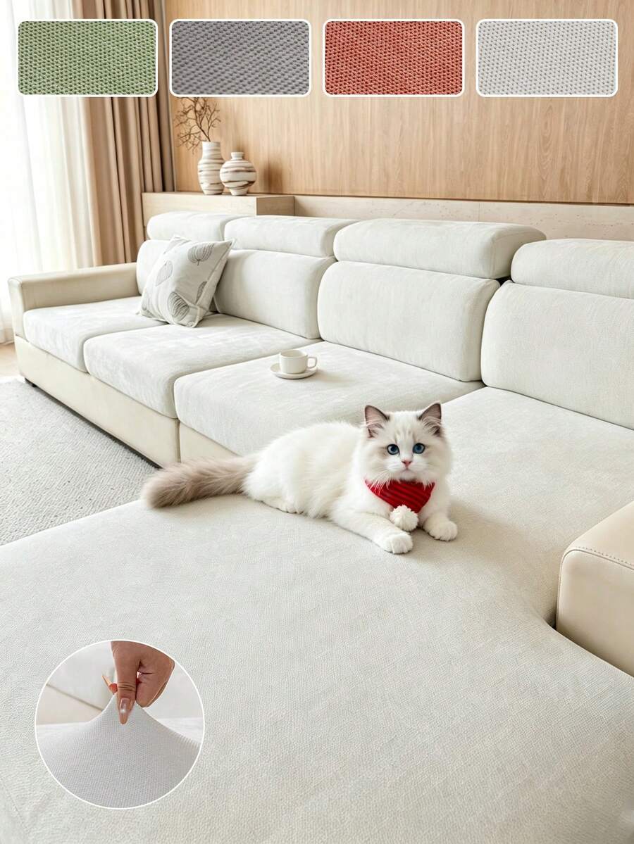 1PC Solid Color Woven Texture Couch Seat Covers, Pet‑Proof Anti‑Scratch Sofa Protector, Machine Washable Sofa Slipcover For 1 2 3 4 Seater Sofa, Home Living Room Decor - Beige - View 1