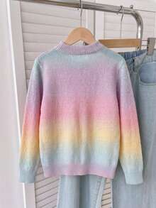 Girls Cute Gradient Argyle Knit Pullover Sweater, Suitable For Vacation, Daily Wear, Spring, Autumn, Winter - Pink - View 4